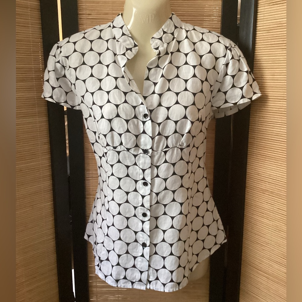 ♦️ TWEEDS Linen Polka Dot Shirt Sz S black and white blouse NWOT